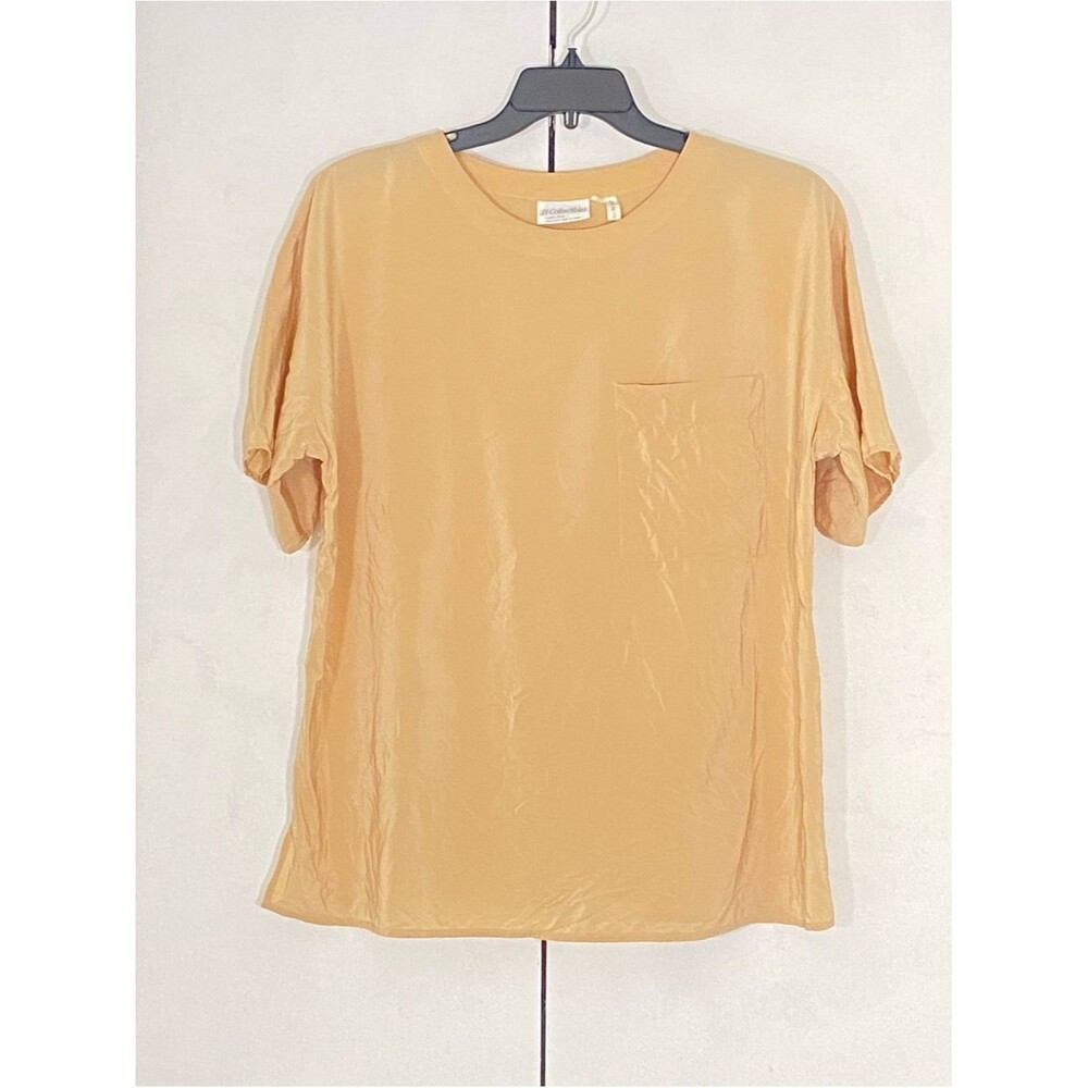 JH Collectibles Silk Beige Short Sleeve Pocket Blouse Neutral Layer Large